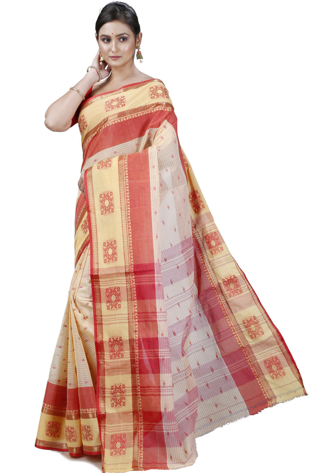 Red Yellow Pure Cotton Uma Tant Saree (1142)